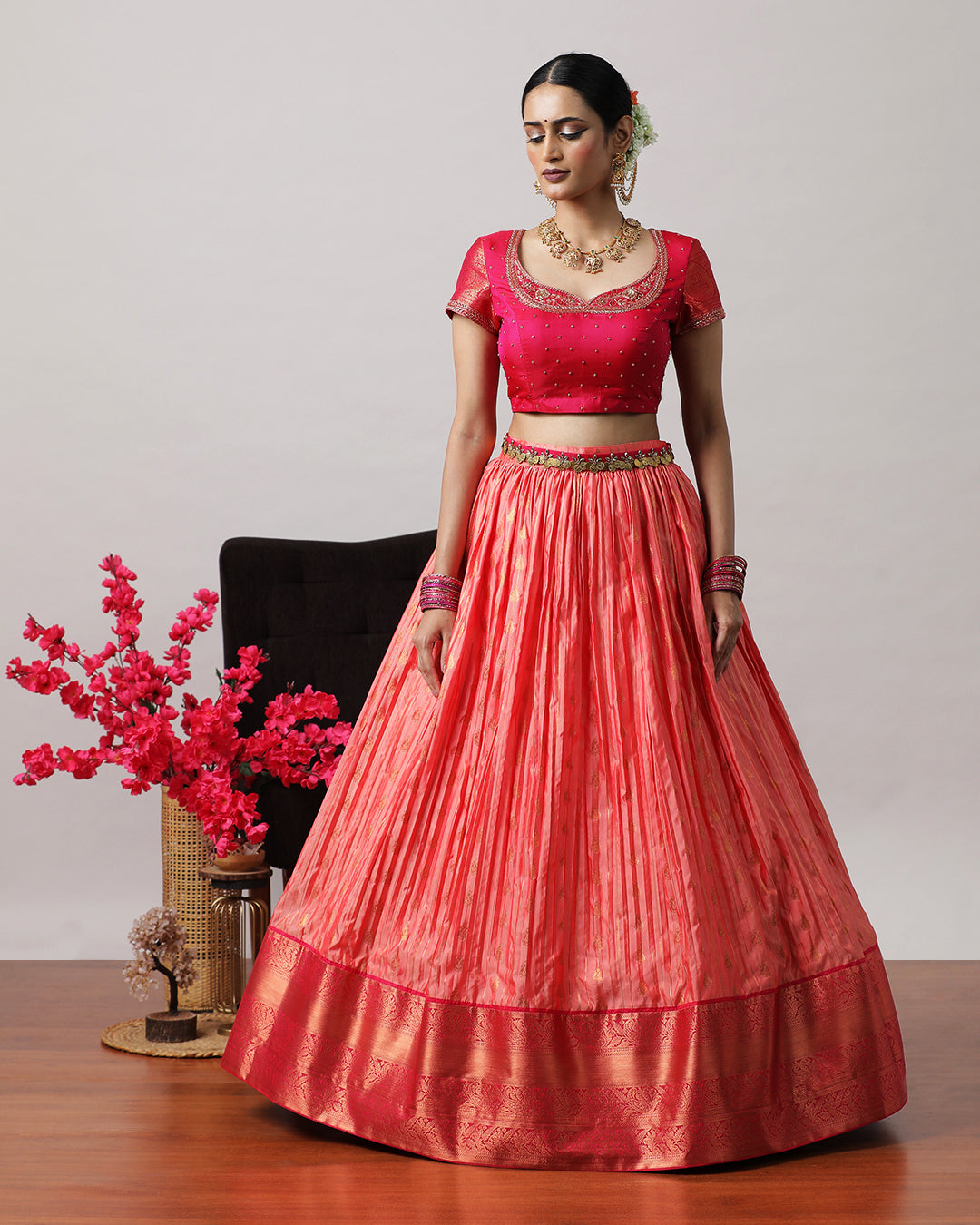 Peach &amp; Pink Pre-Draped Lehenga Set