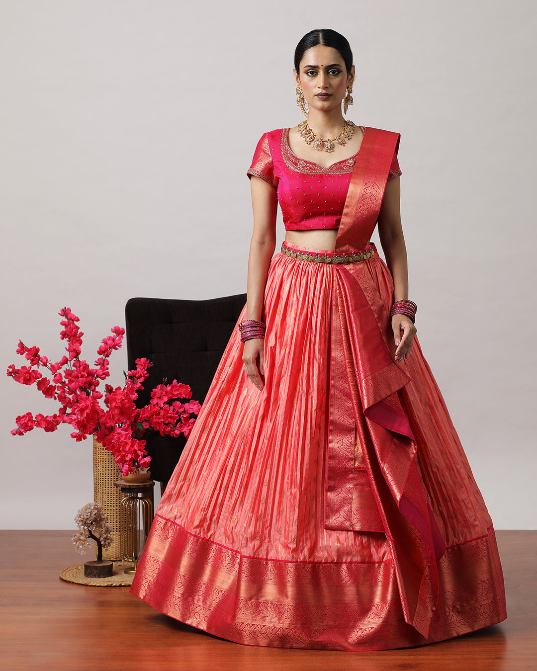 Peach &amp; Pink Pre-Draped Lehenga Set