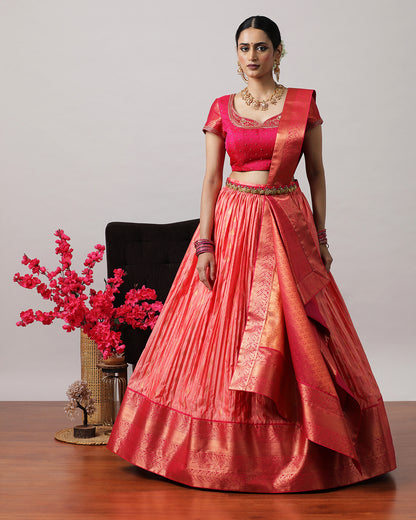 Peach &amp; Pink Pre-Draped Lehenga Set