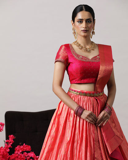 Peach &amp; Pink Pre-Draped Lehenga Set