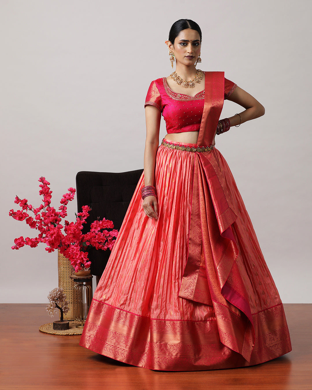 Peach &amp; Pink Pre-Draped Lehenga Set