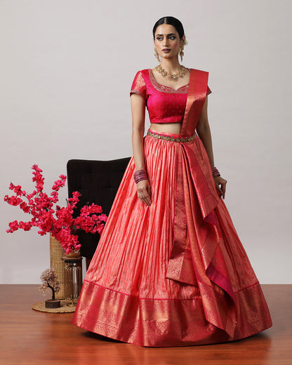 Peach &amp; Pink Pre-Draped Lehenga Set