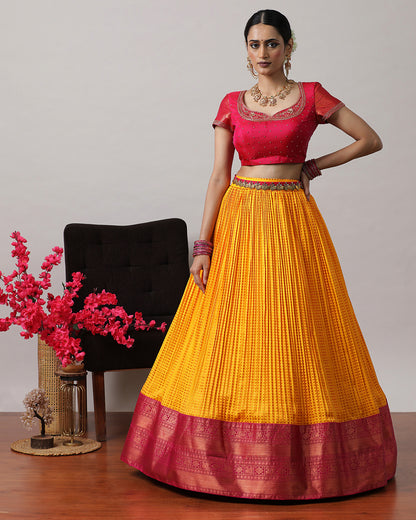 Mustard Yellow &amp; Pink Pre-Draped Lehenga Set