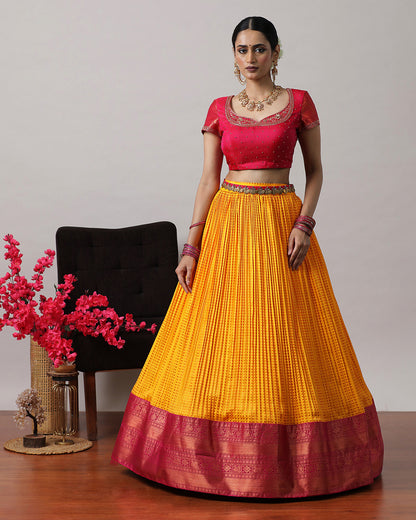 Mustard Yellow &amp; Pink Pre-Draped Lehenga Set