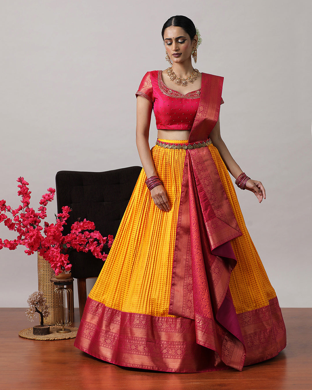 Mustard Yellow &amp; Pink Pre-Draped Lehenga Set