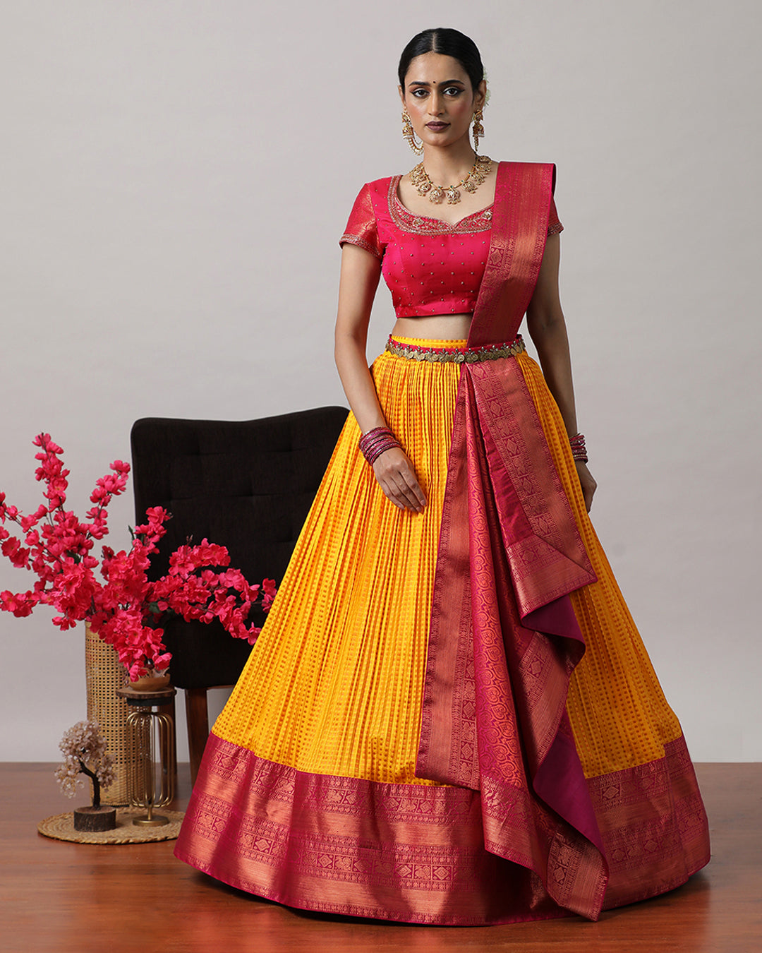 Mustard Yellow &amp; Pink Pre-Draped Lehenga Set