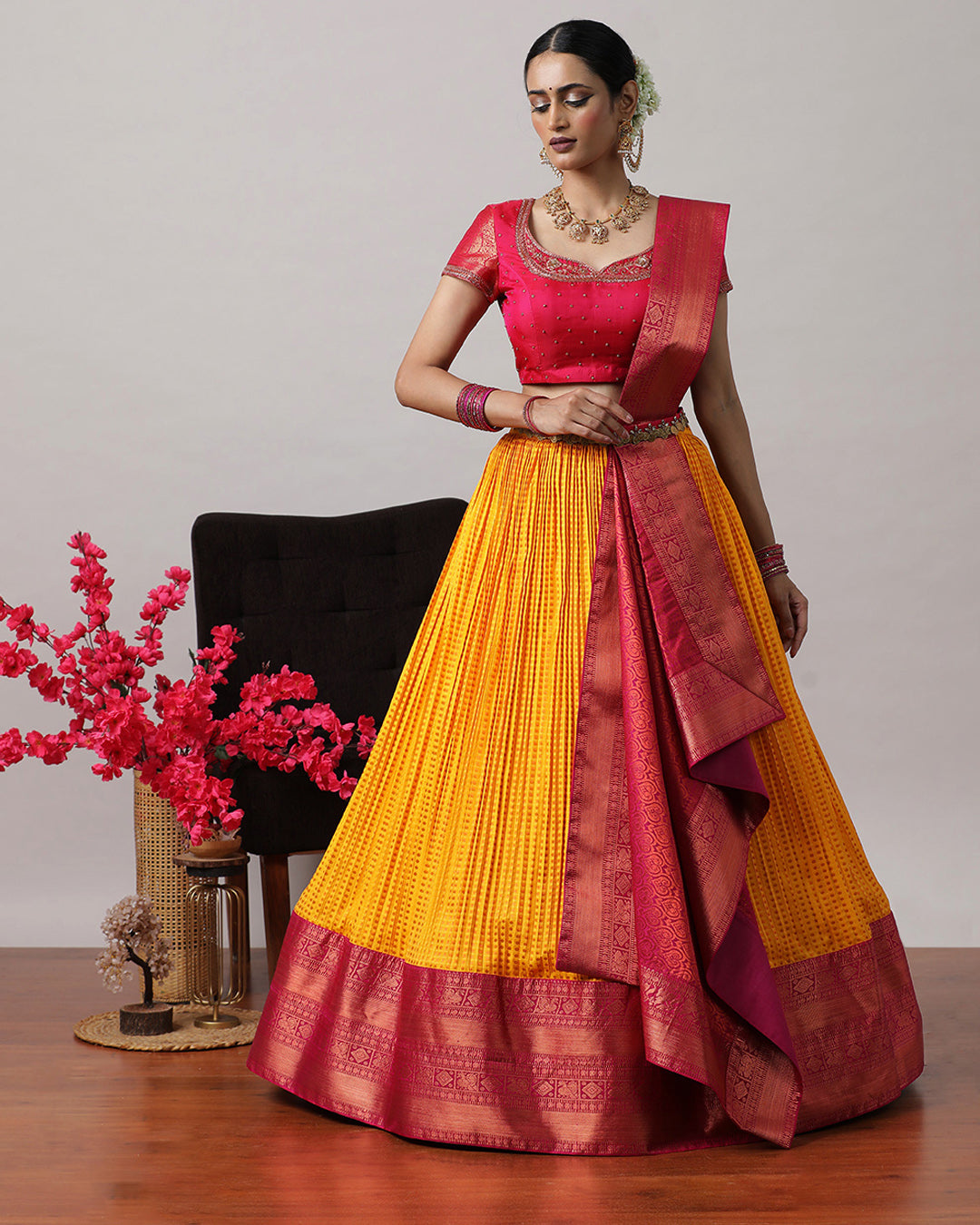 Mustard Yellow &amp; Pink Pre-Draped Lehenga Set