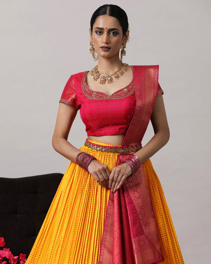 Mustard Yellow &amp; Pink Pre-Draped Lehenga Set