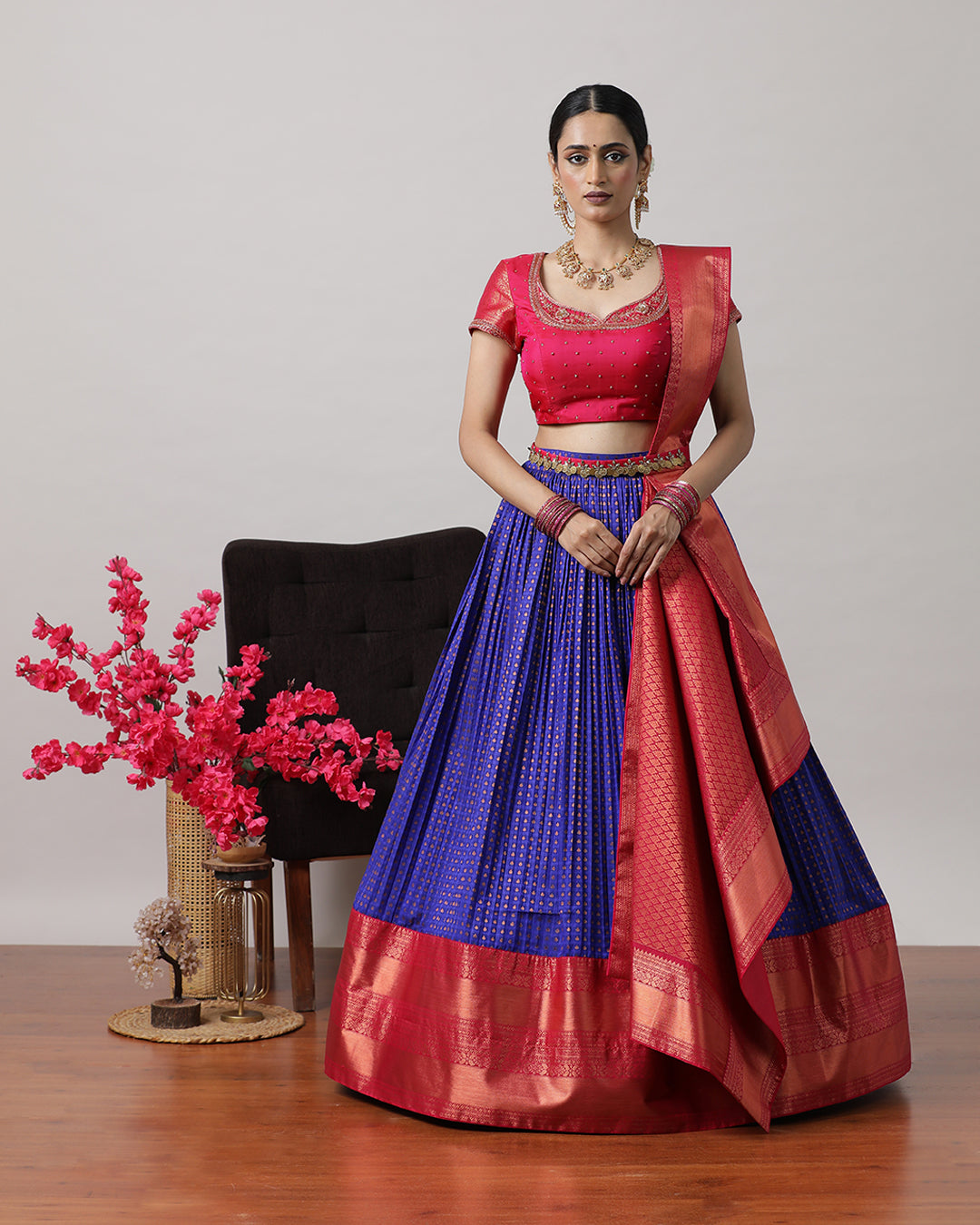 Blue &amp; Pink Pre-Draped Lehenga Set