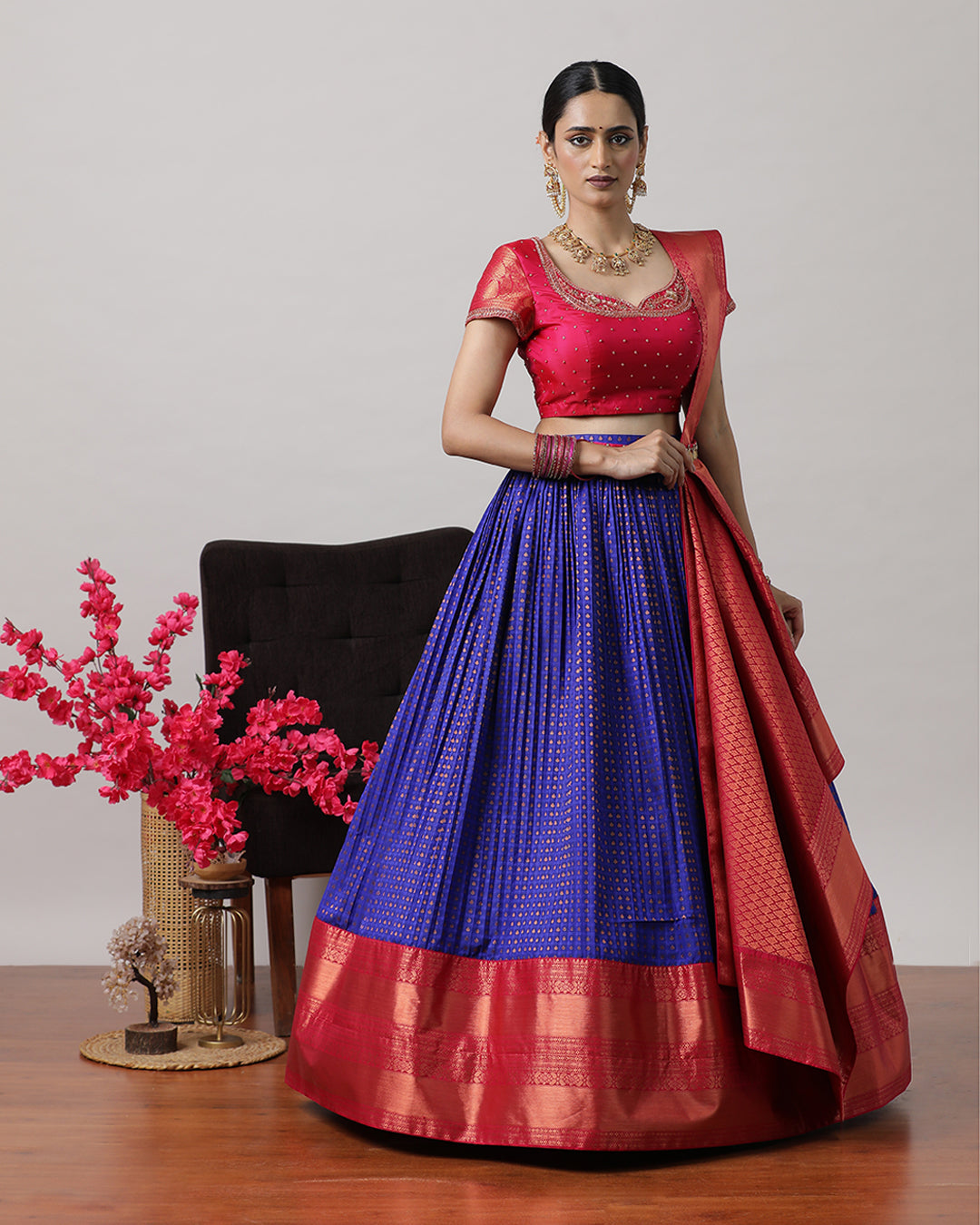 Blue &amp; Pink Pre-Draped Lehenga Set