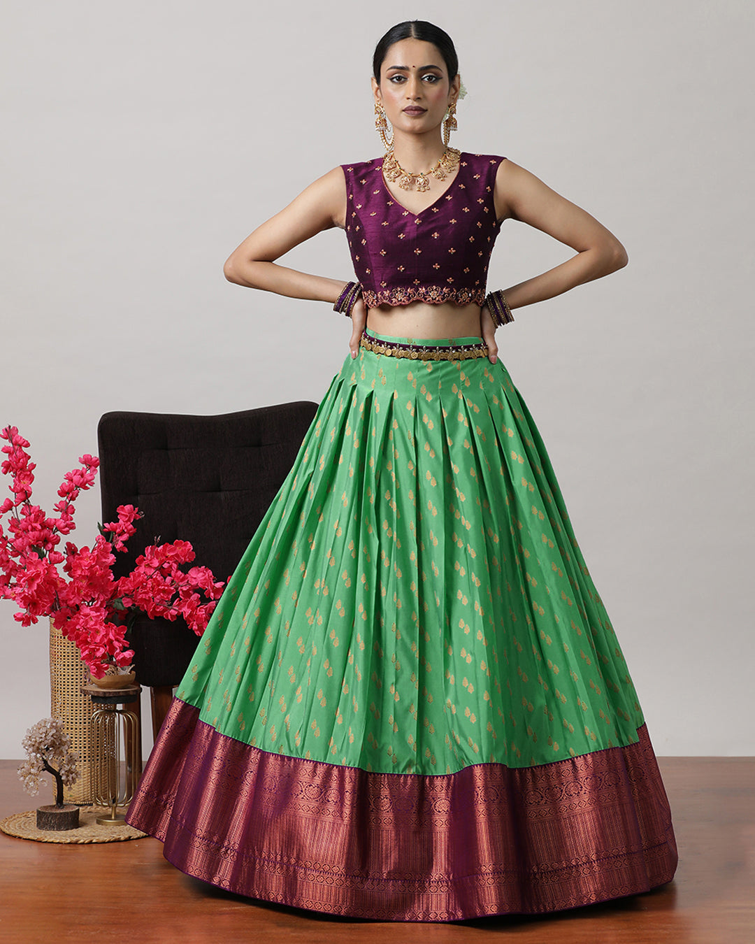 Dark Sea Green &amp; Purple Pre-Draped Lehenga Set