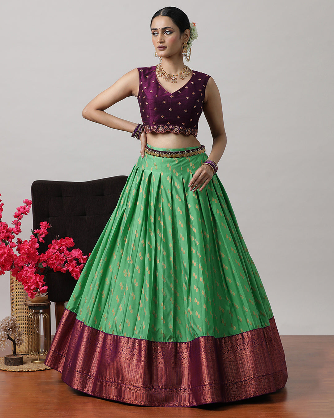 Dark Sea Green &amp; Purple Pre-Draped Lehenga Set