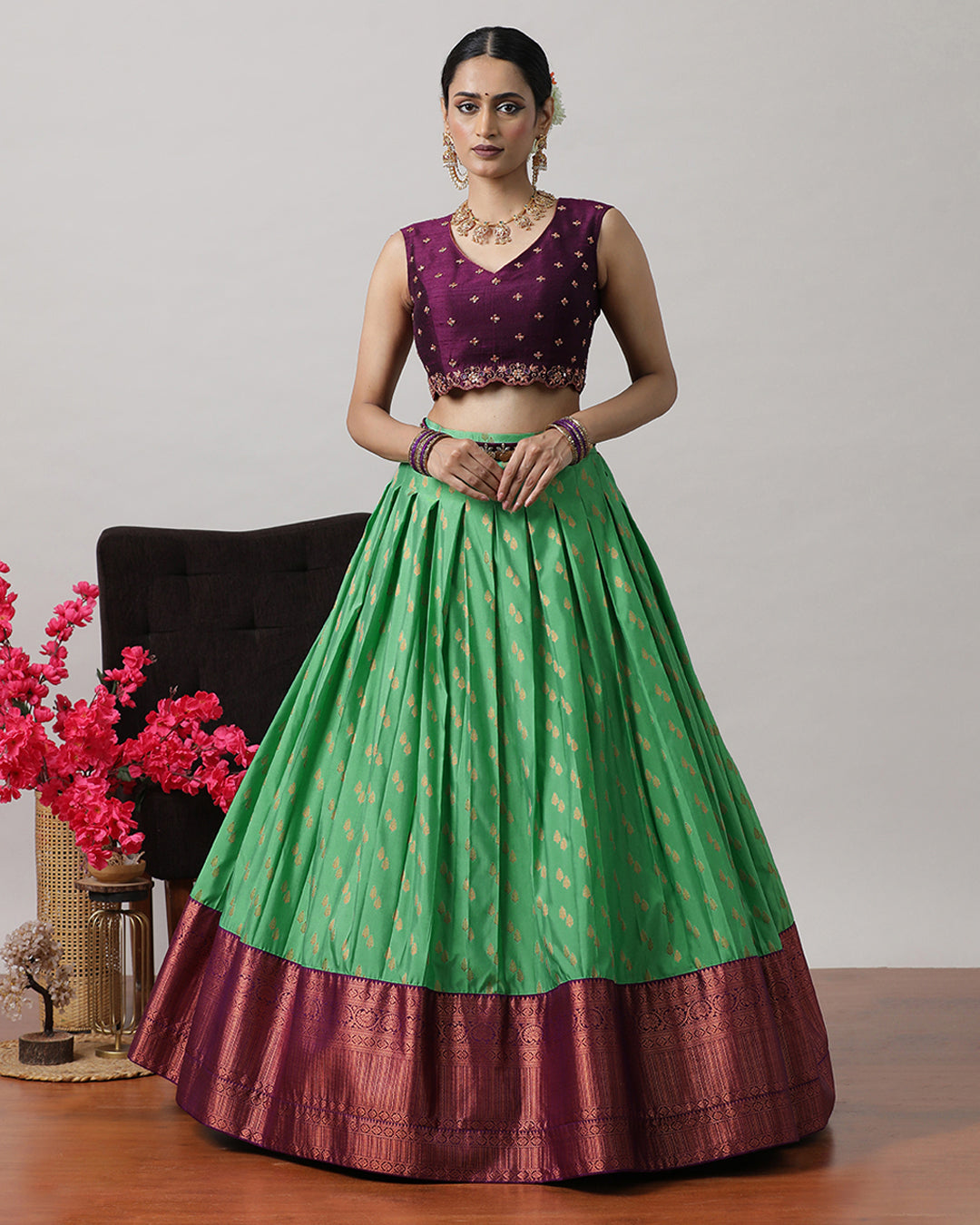 Dark Sea Green &amp; Purple Pre-Draped Lehenga Set