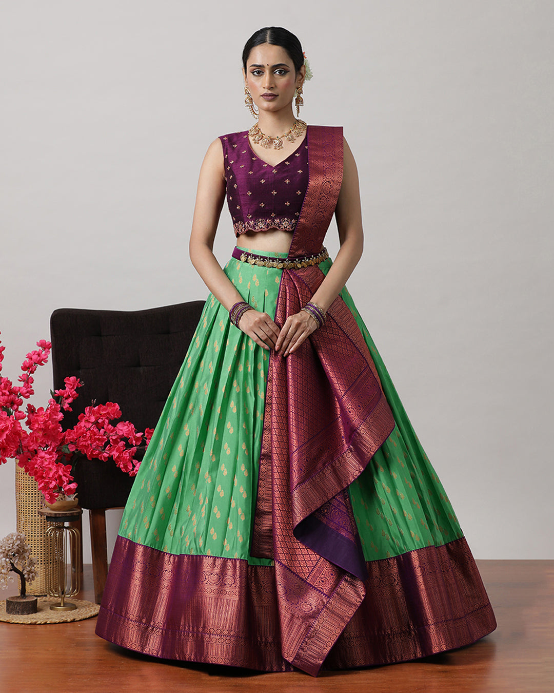 Dark Sea Green &amp; Purple Pre-Draped Lehenga Set