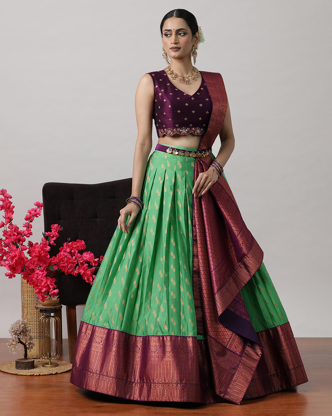 Dark Sea Green &amp; Purple Pre-Draped Lehenga Set