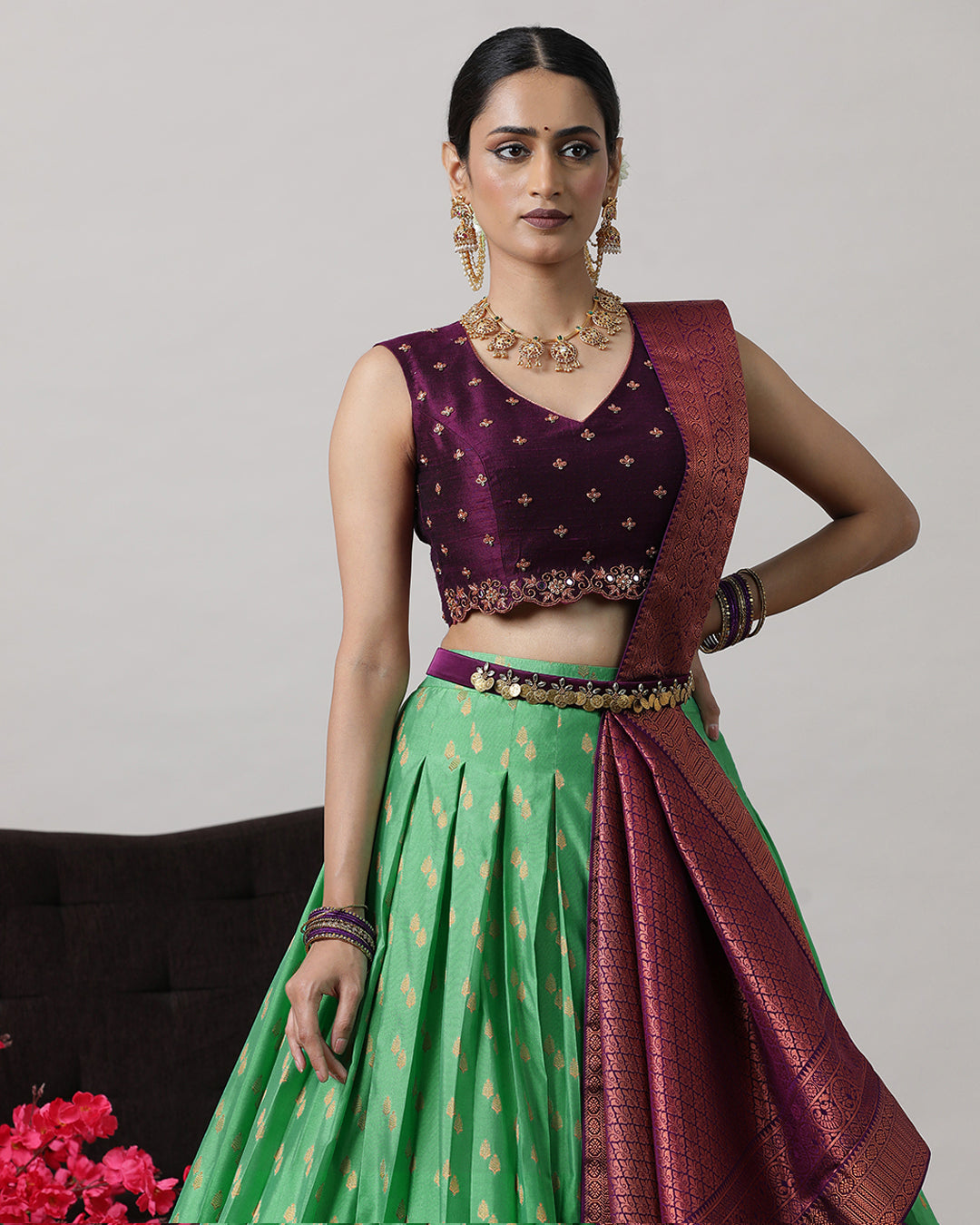 Dark Sea Green &amp; Purple Pre-Draped Lehenga Set