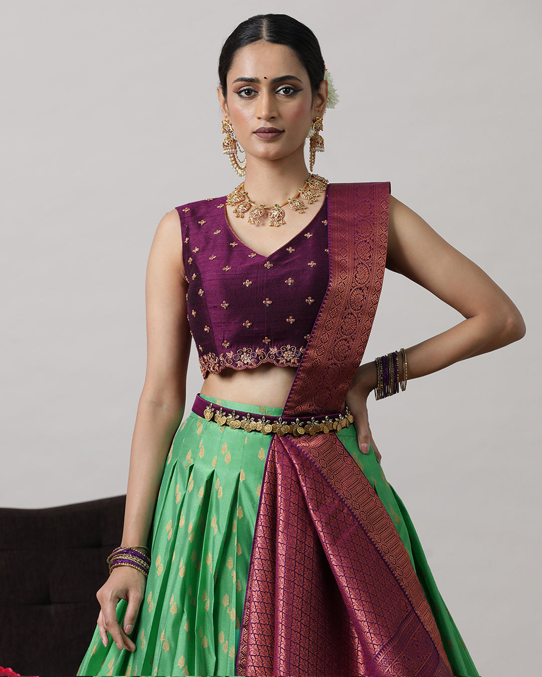 Dark Sea Green &amp; Purple Pre-Draped Lehenga Set