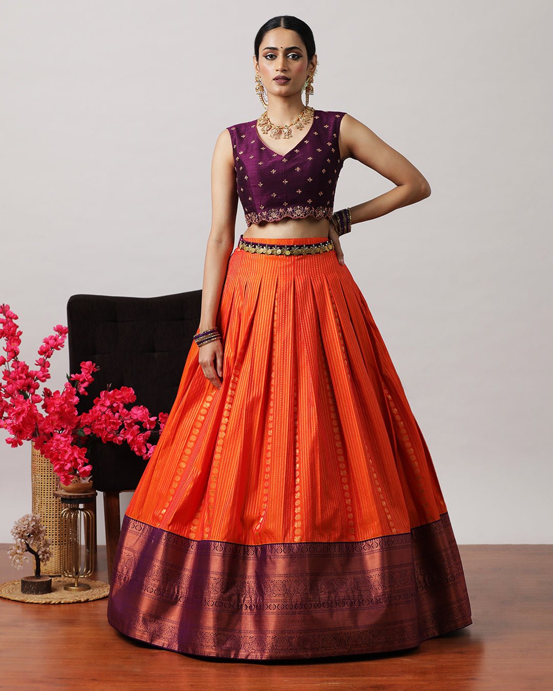 Orangish Red &amp; Purple Pre-Draped Lehenga Set