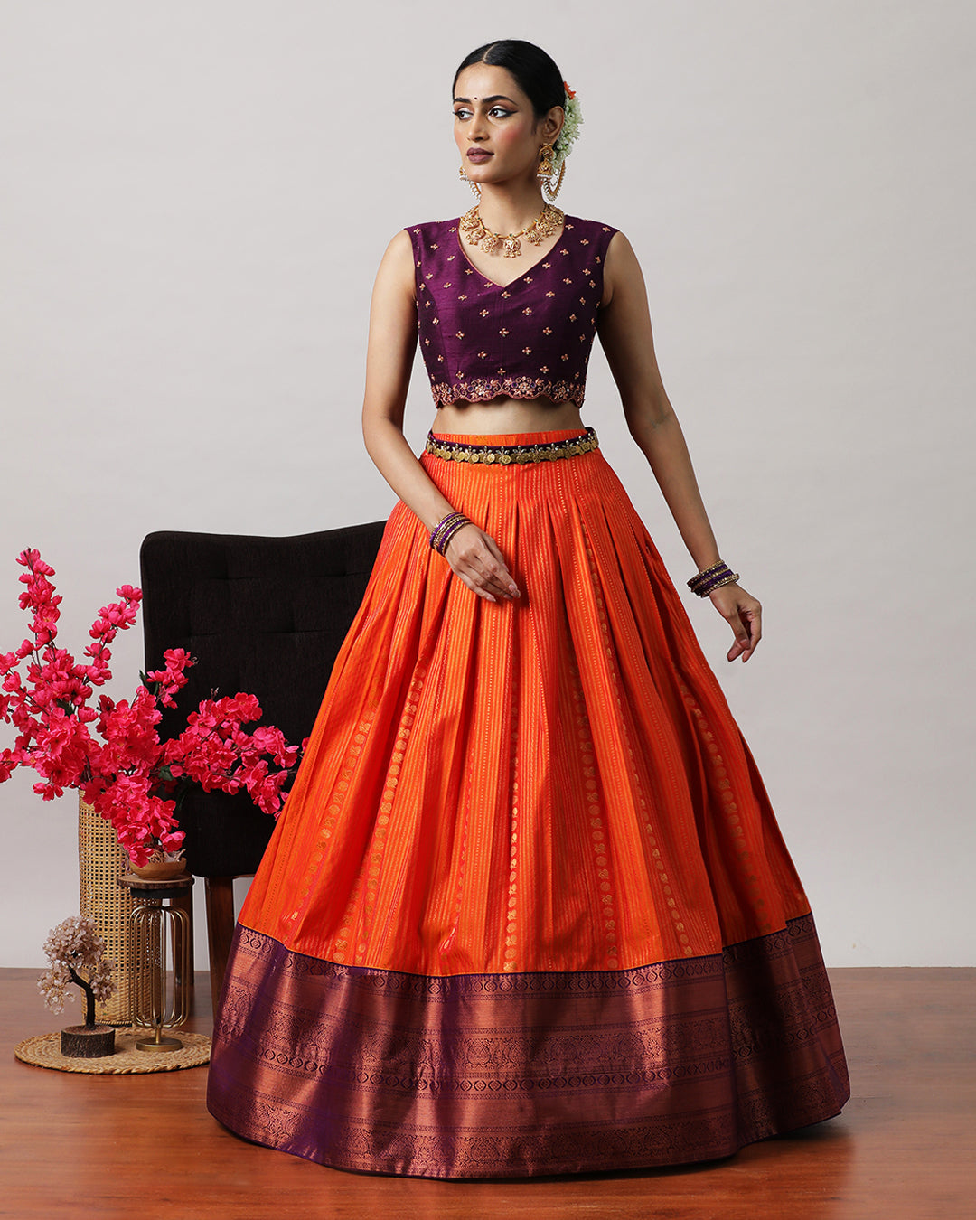 Orangish Red &amp; Purple Pre-Draped Lehenga Set