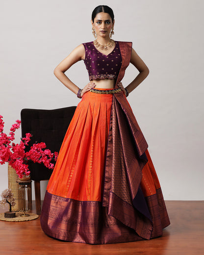 Orangish Red &amp; Purple Pre-Draped Lehenga Set