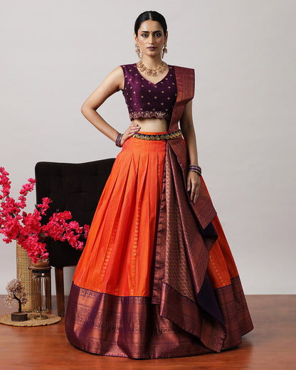 Orangish Red &amp; Purple Pre-Draped Lehenga Set