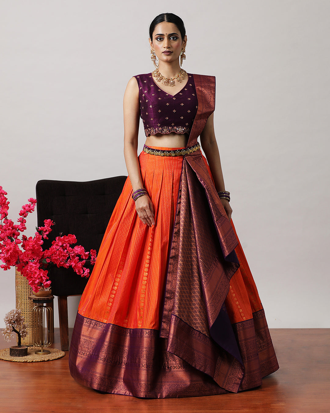 Orangish Red &amp; Purple Pre-Draped Lehenga Set