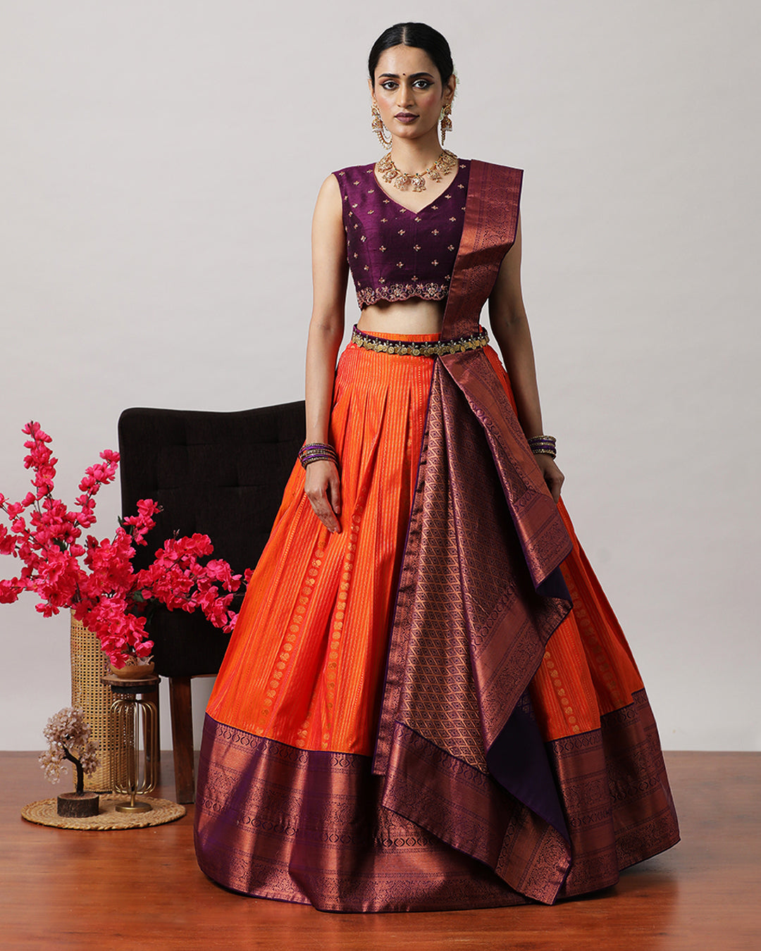 Orangish Red &amp; Purple Pre-Draped Lehenga Set