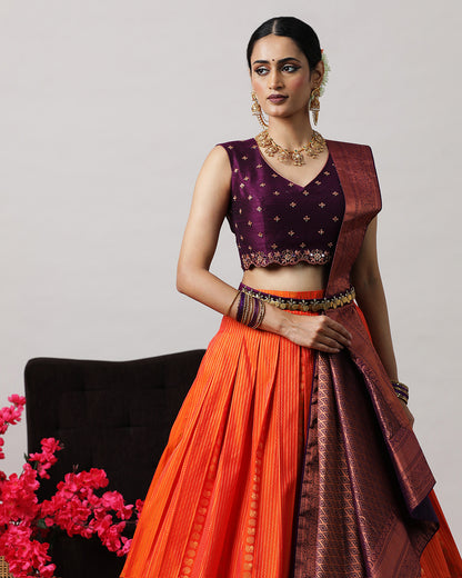 Orangish Red &amp; Purple Pre-Draped Lehenga Set