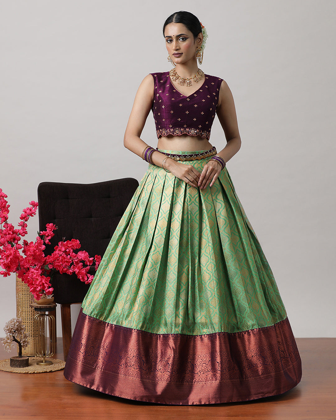 Teal Green &amp; Purple Pre-Draped Lehenga Set