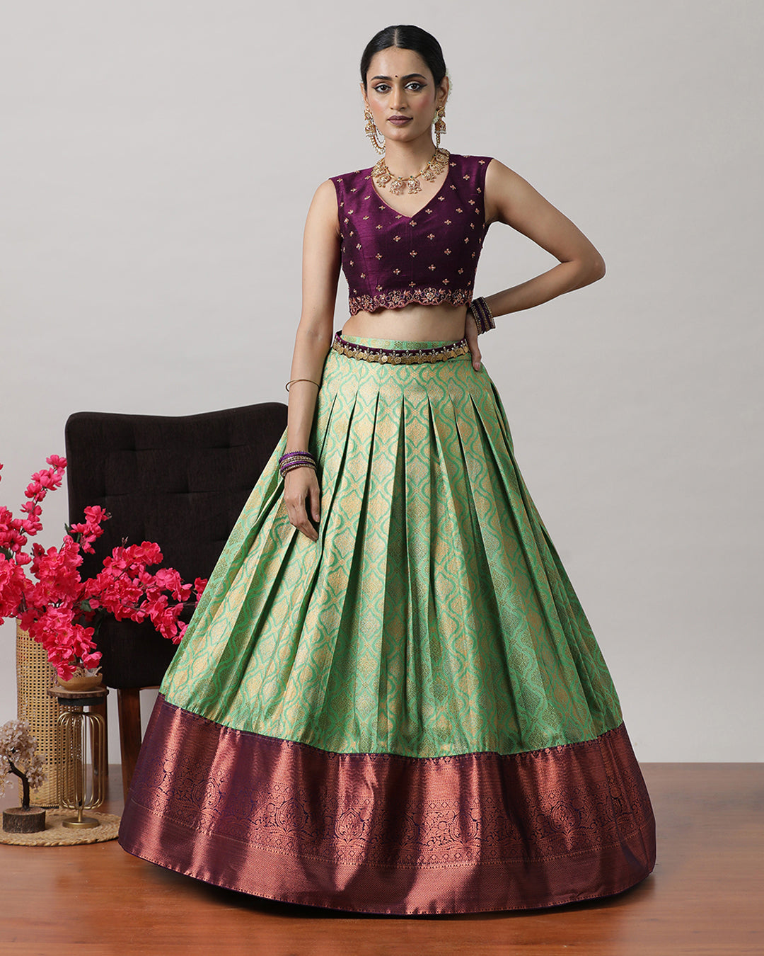 Teal Green &amp; Purple Pre-Draped Lehenga Set