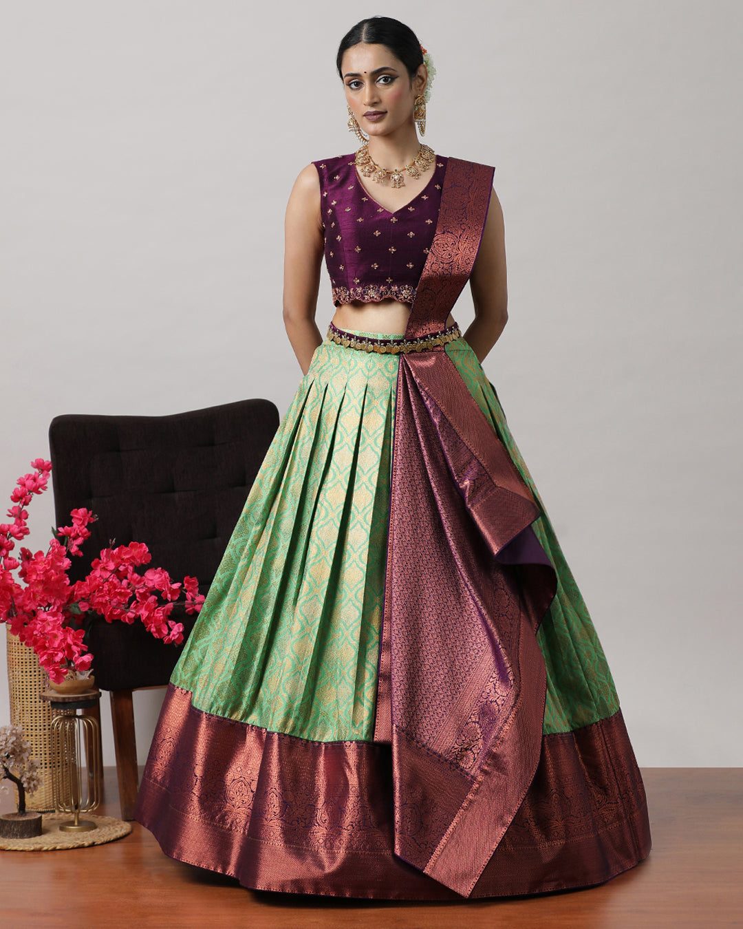 Teal Green &amp; Purple Pre-Draped Lehenga Set