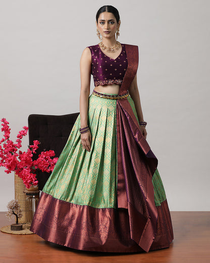 Teal Green &amp; Purple Pre-Draped Lehenga Set