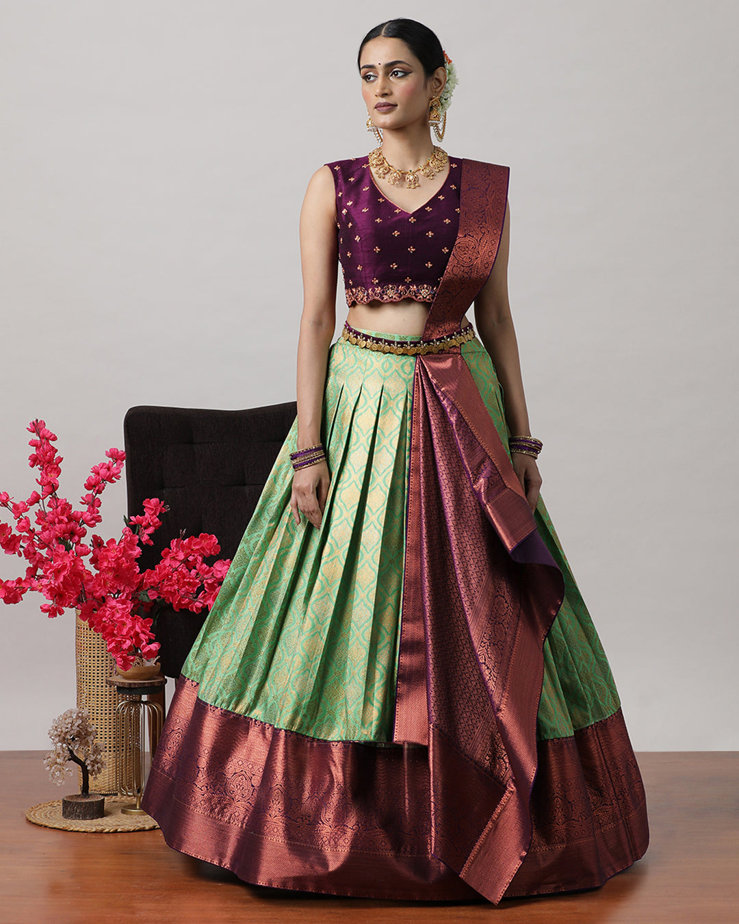 Teal Green &amp; Purple Pre-Draped Lehenga Set