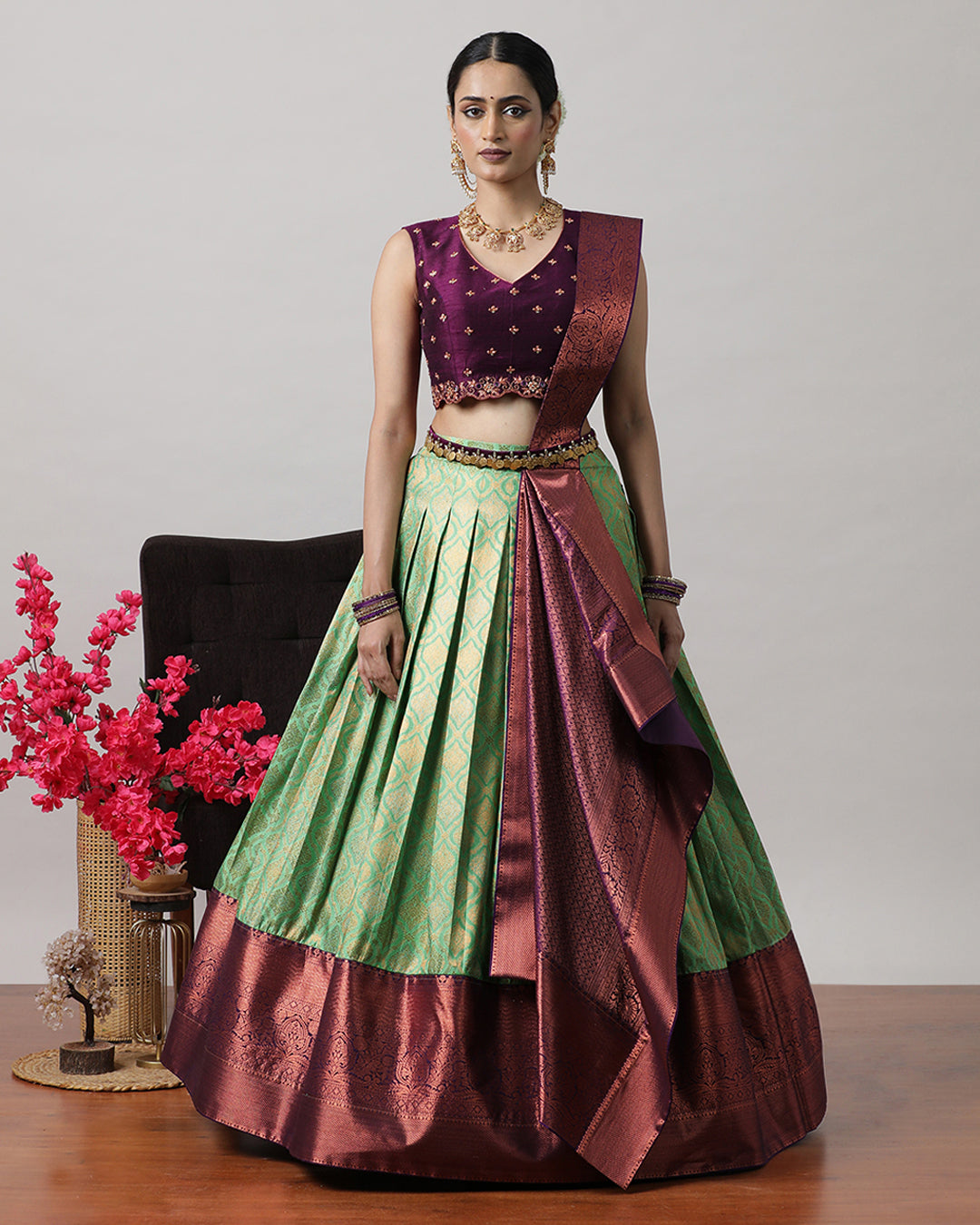 Teal Green &amp; Purple Pre-Draped Lehenga Set