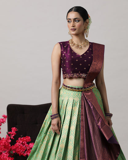 Teal Green &amp; Purple Pre-Draped Lehenga Set