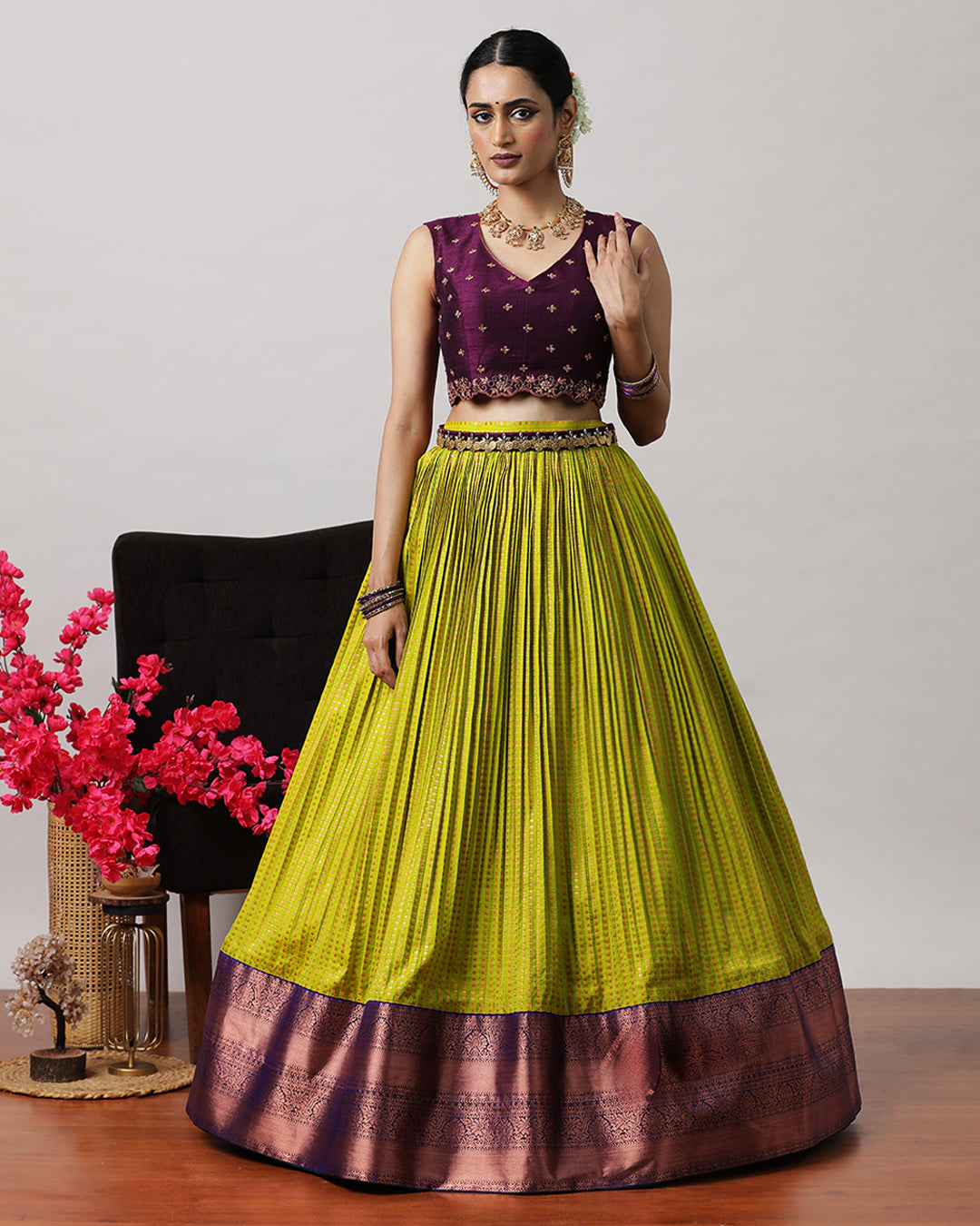 Olive Green &amp; Purple Pre-Draped Lehenga Set