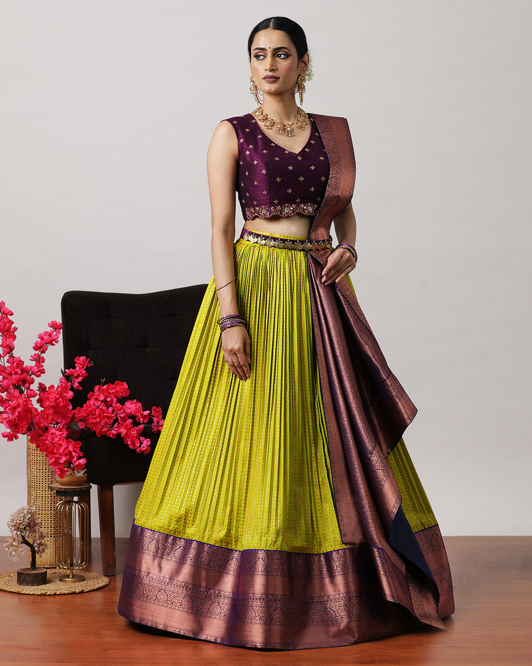 Olive Green &amp; Purple Pre-Draped Lehenga Set