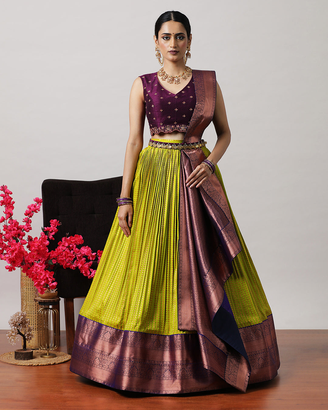 Olive Green &amp; Purple Pre-Draped Lehenga Set