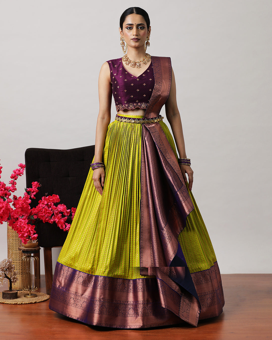 Olive Green &amp; Purple Pre-Draped Lehenga Set