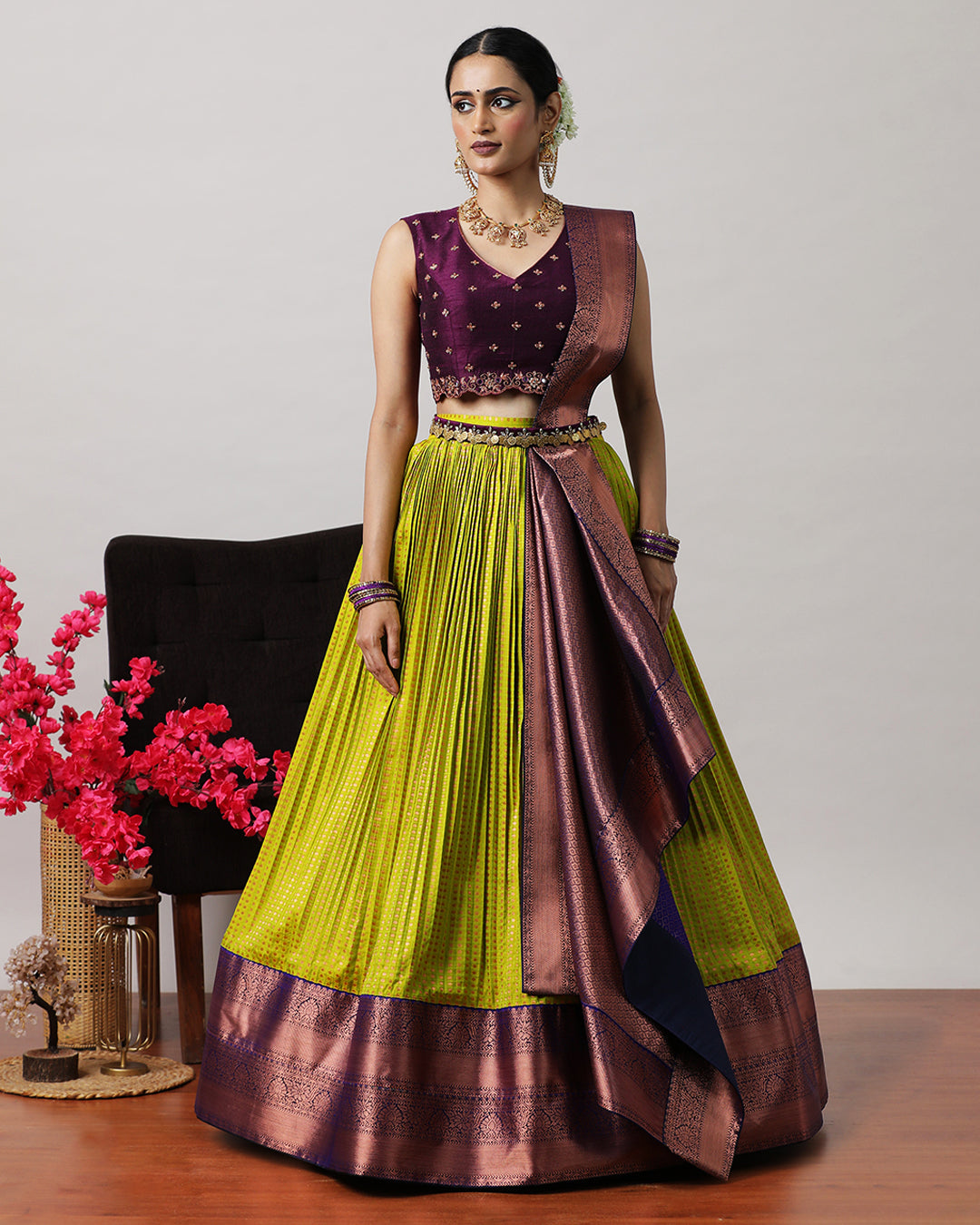 Olive Green &amp; Purple Pre-Draped Lehenga Set