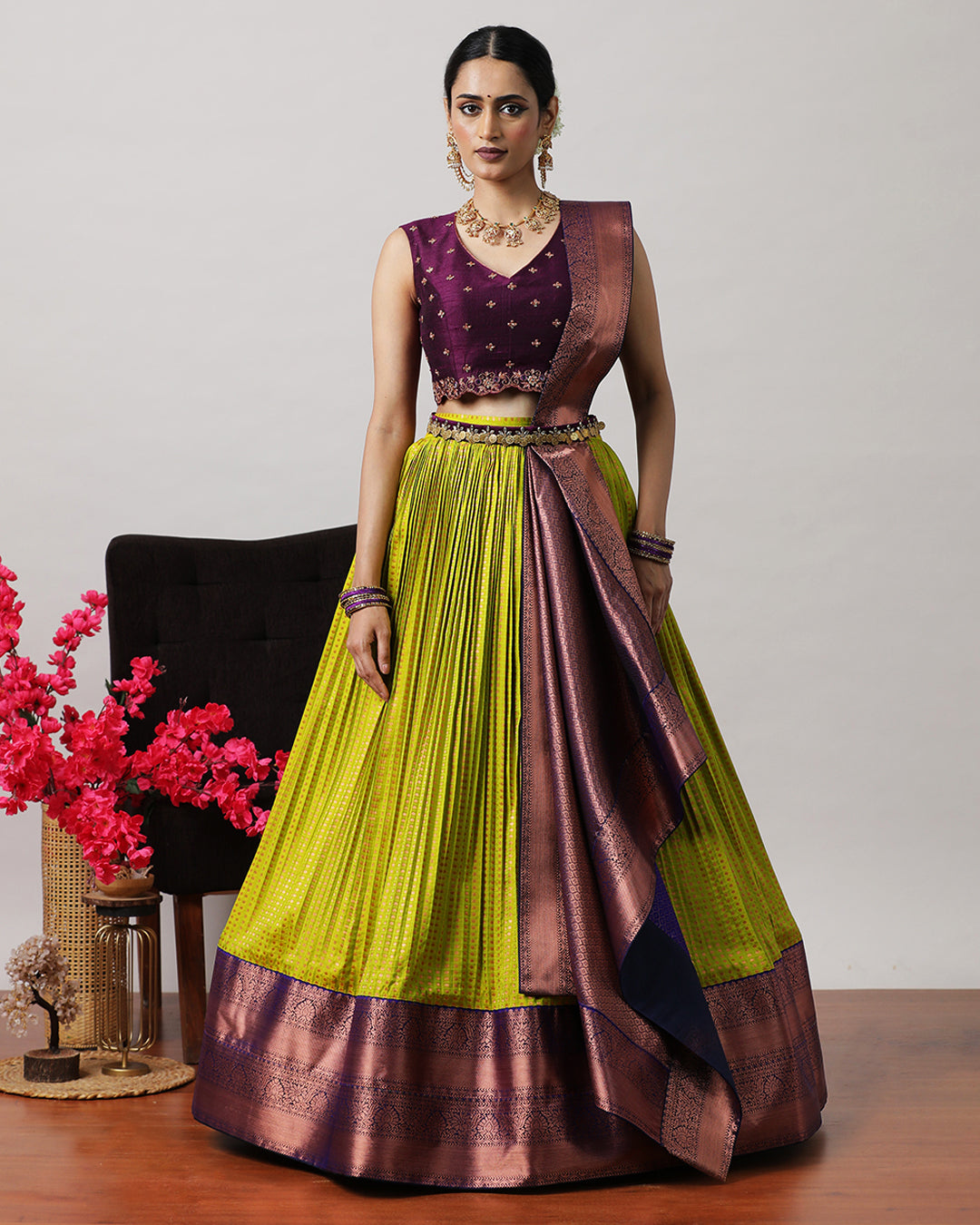 Olive Green &amp; Purple Pre-Draped Lehenga Set