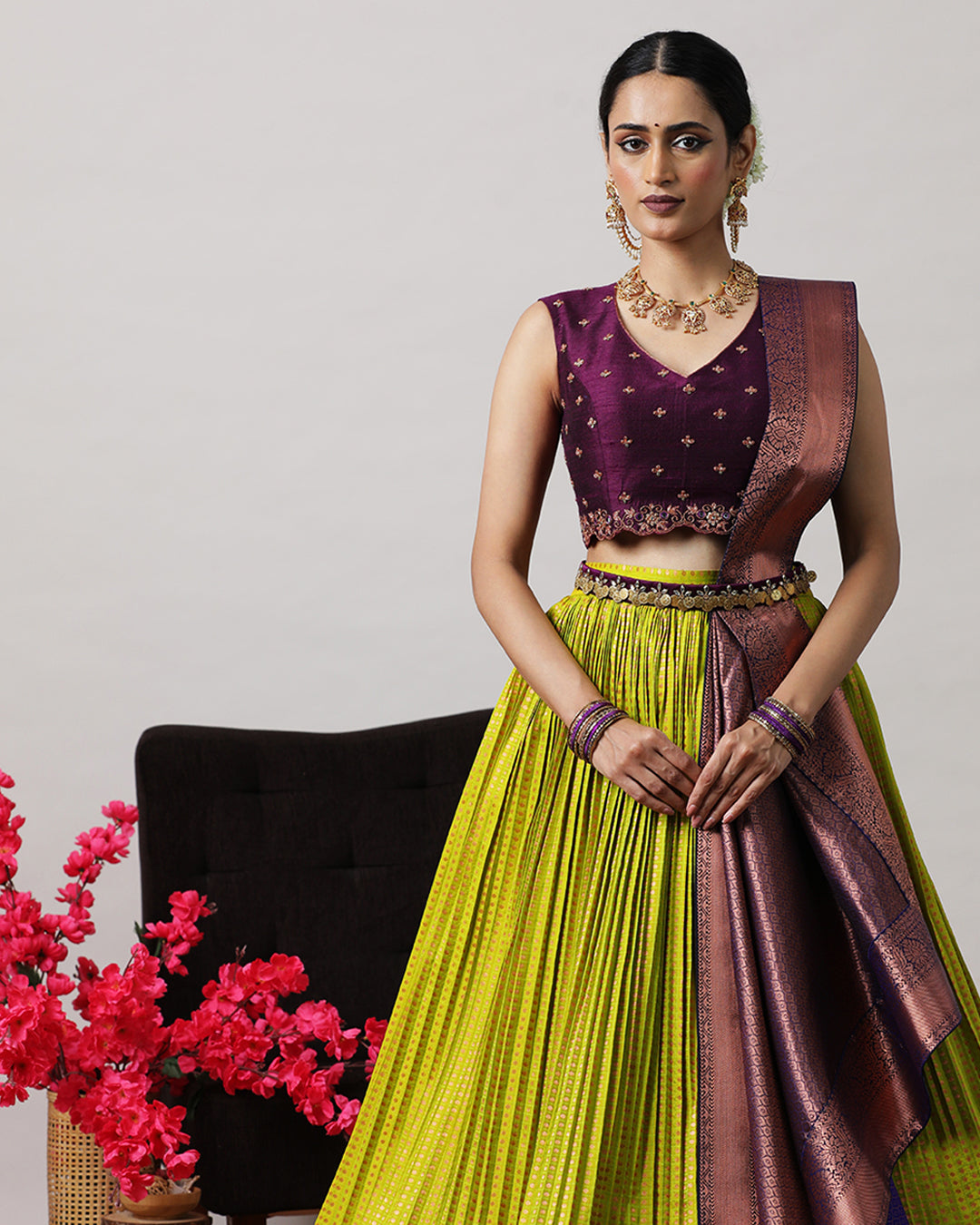 Olive Green &amp; Purple Pre-Draped Lehenga Set