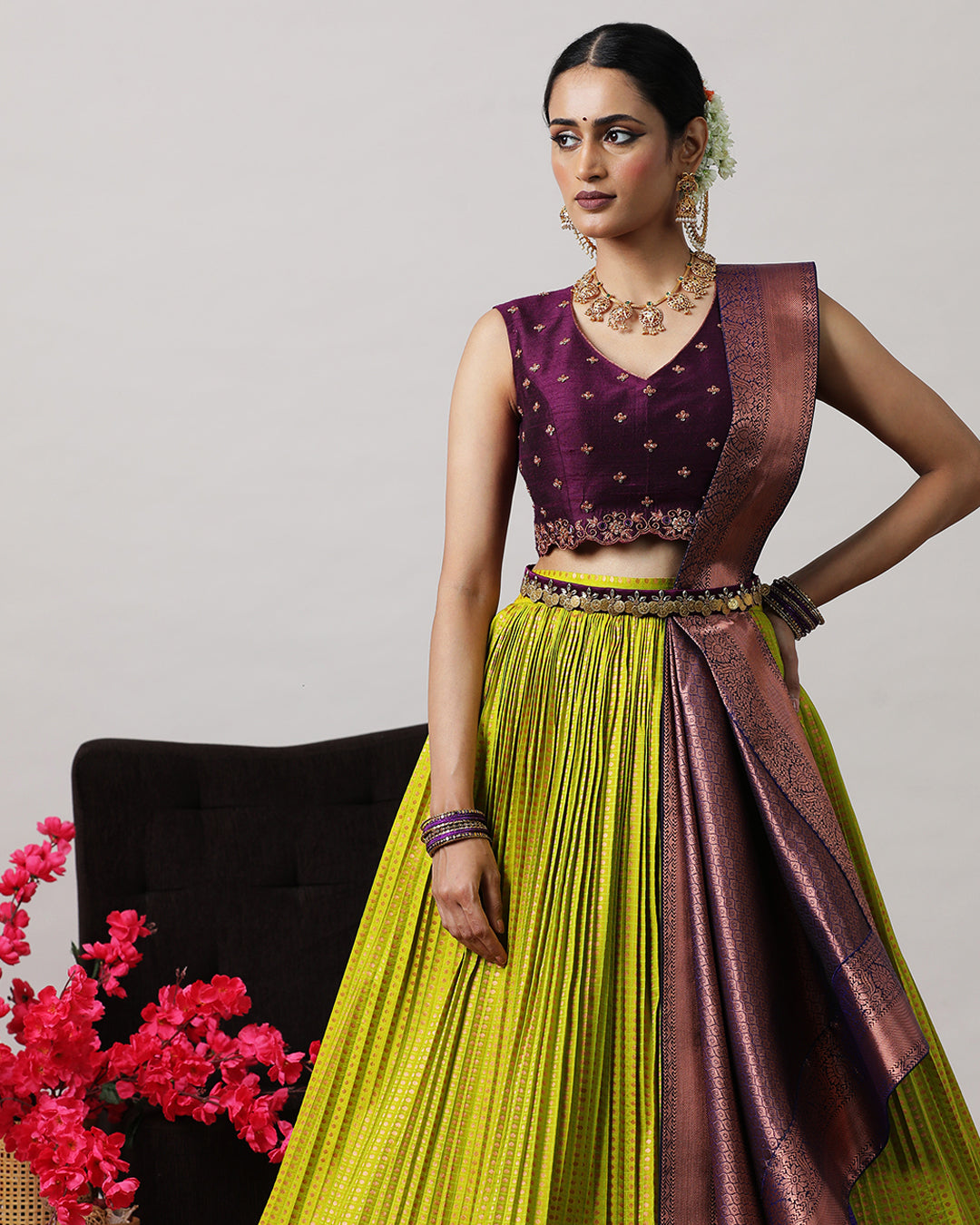 Olive Green &amp; Purple Pre-Draped Lehenga Set