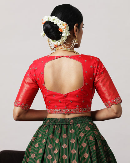 Bottle Green &amp; Red Pre-Draped Lehenga Set