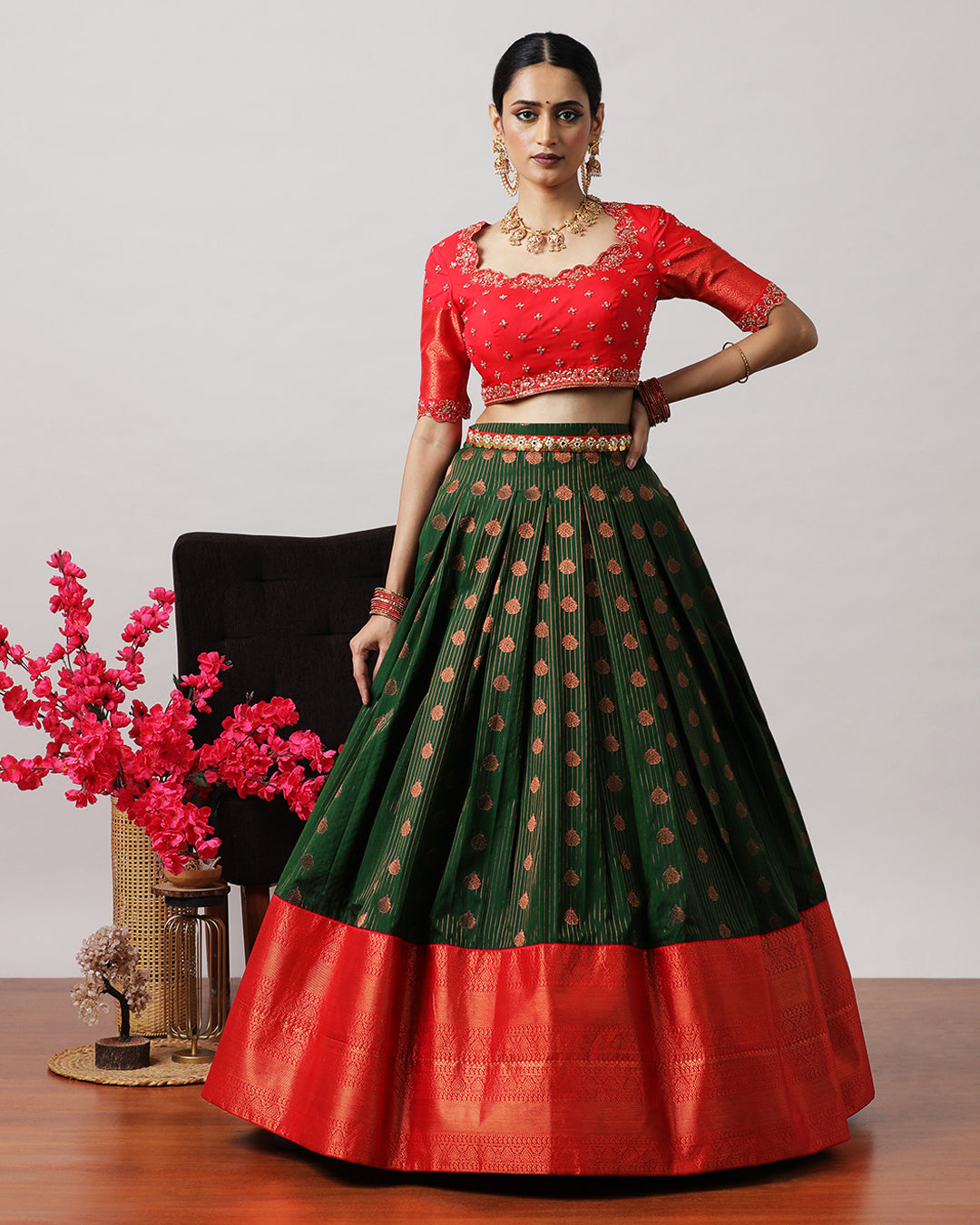 Bottle Green &amp; Red Pre-Draped Lehenga Set