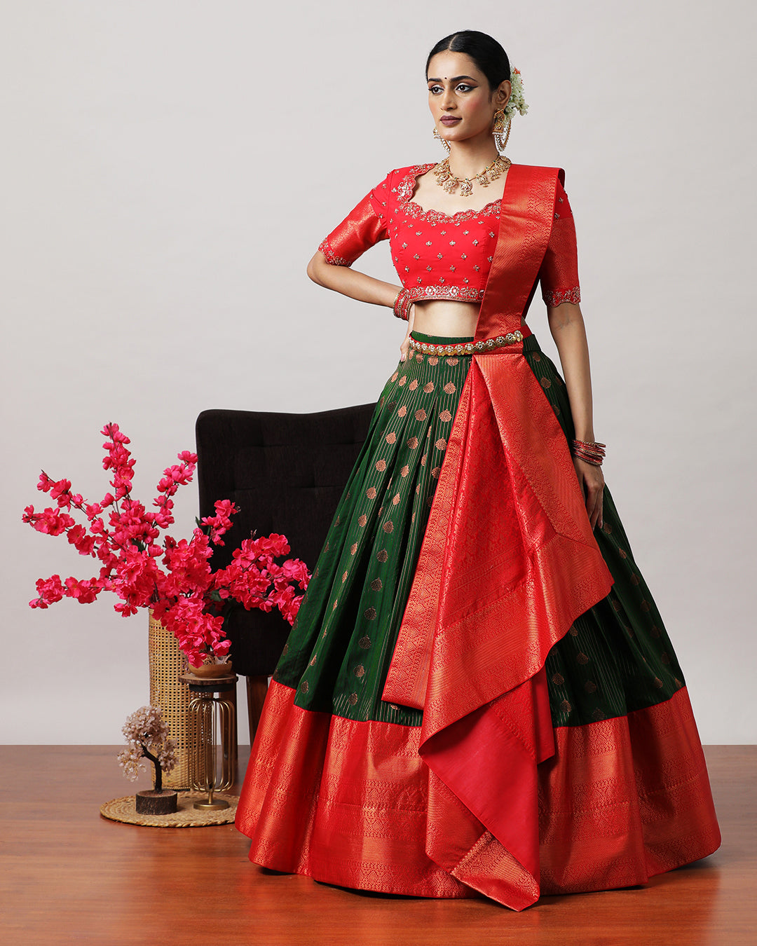 Bottle Green &amp; Red Pre-Draped Lehenga Set