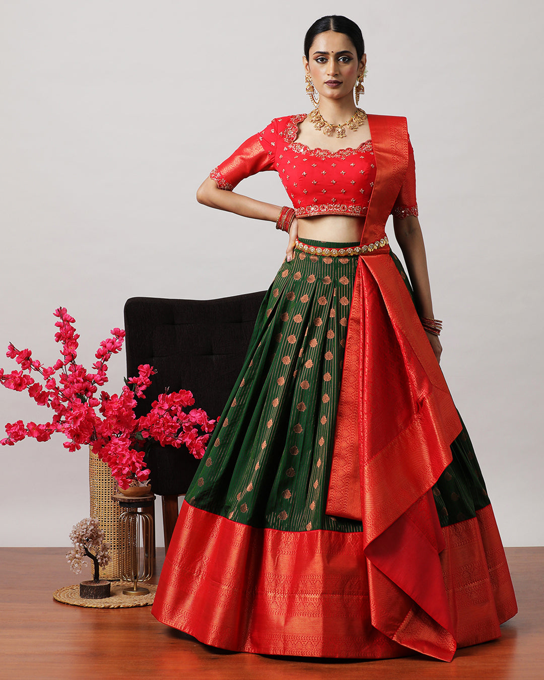 Bottle Green &amp; Red Pre-Draped Lehenga Set