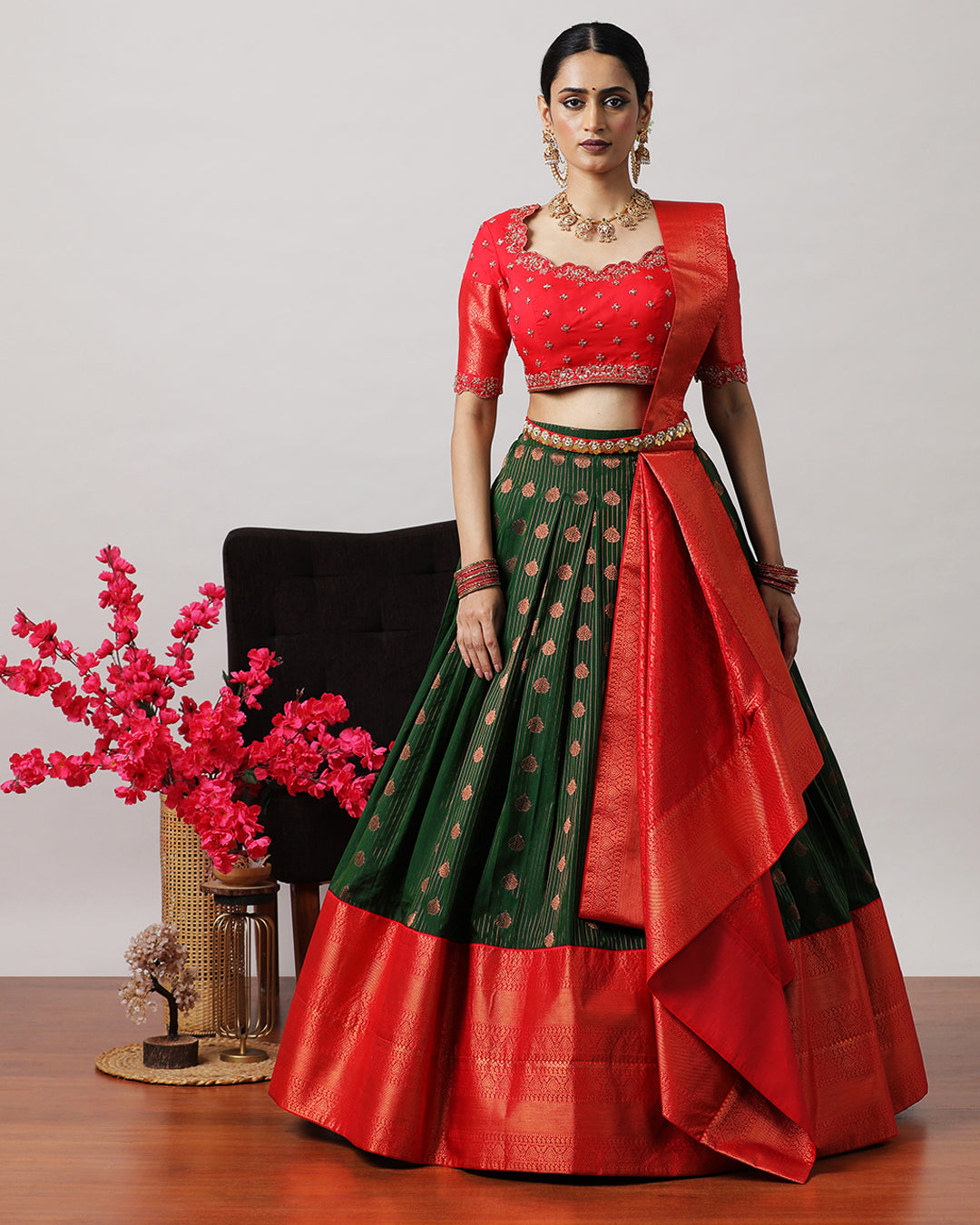 Bottle Green &amp; Red Pre-Draped Lehenga Set