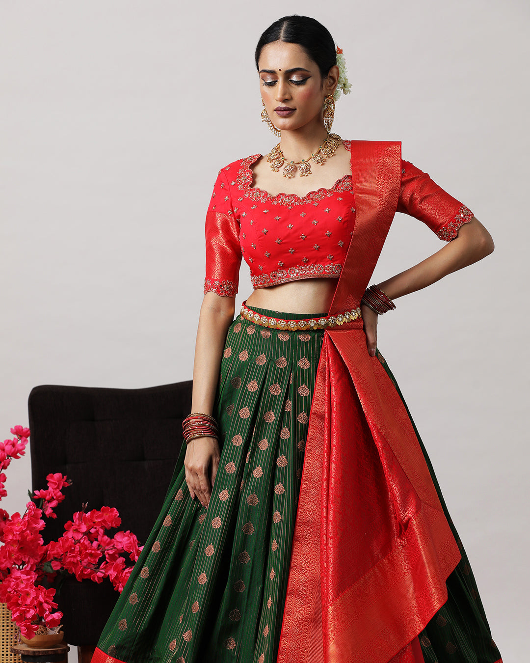 Bottle Green &amp; Red Pre-Draped Lehenga Set