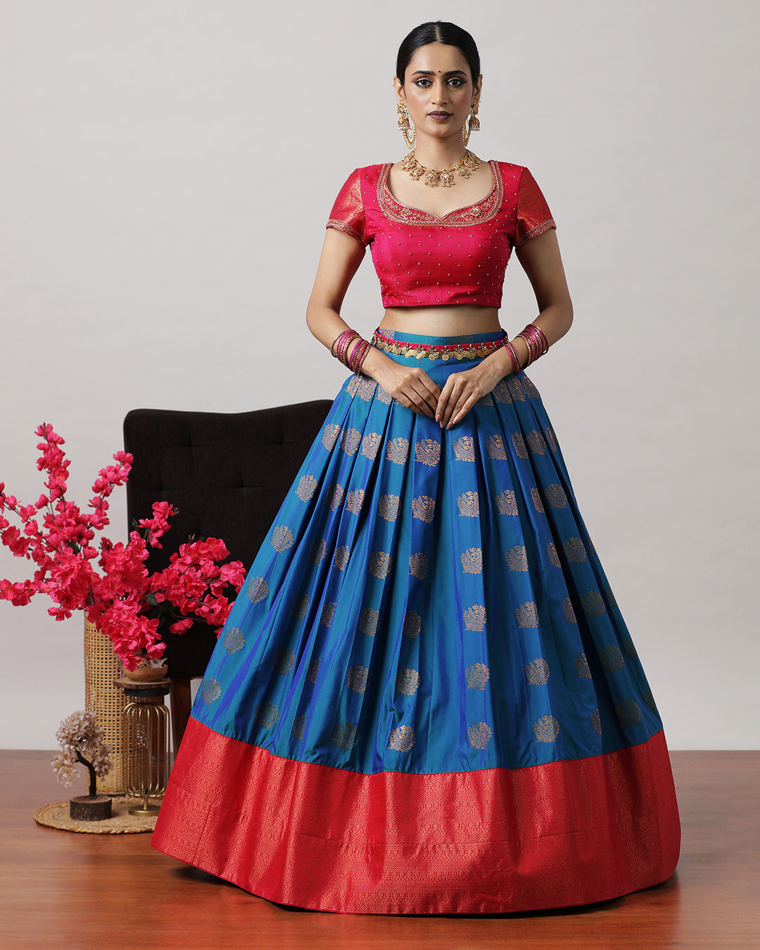 Navy Blue &amp; Pink Pre-Draped Lehenga Set